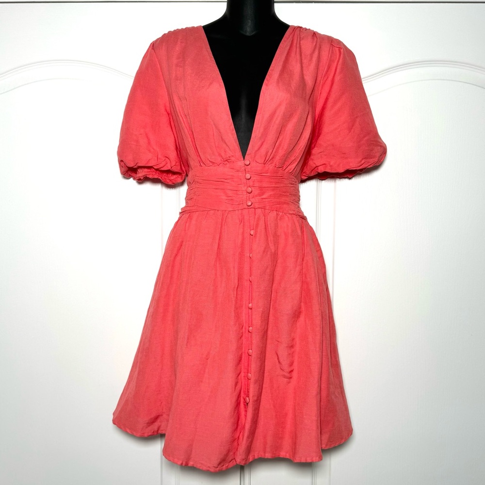 Anthropologie Katerina Button Front Puff Sleeve Mini Dress Coral Size M NWT - Picture 5 of 12